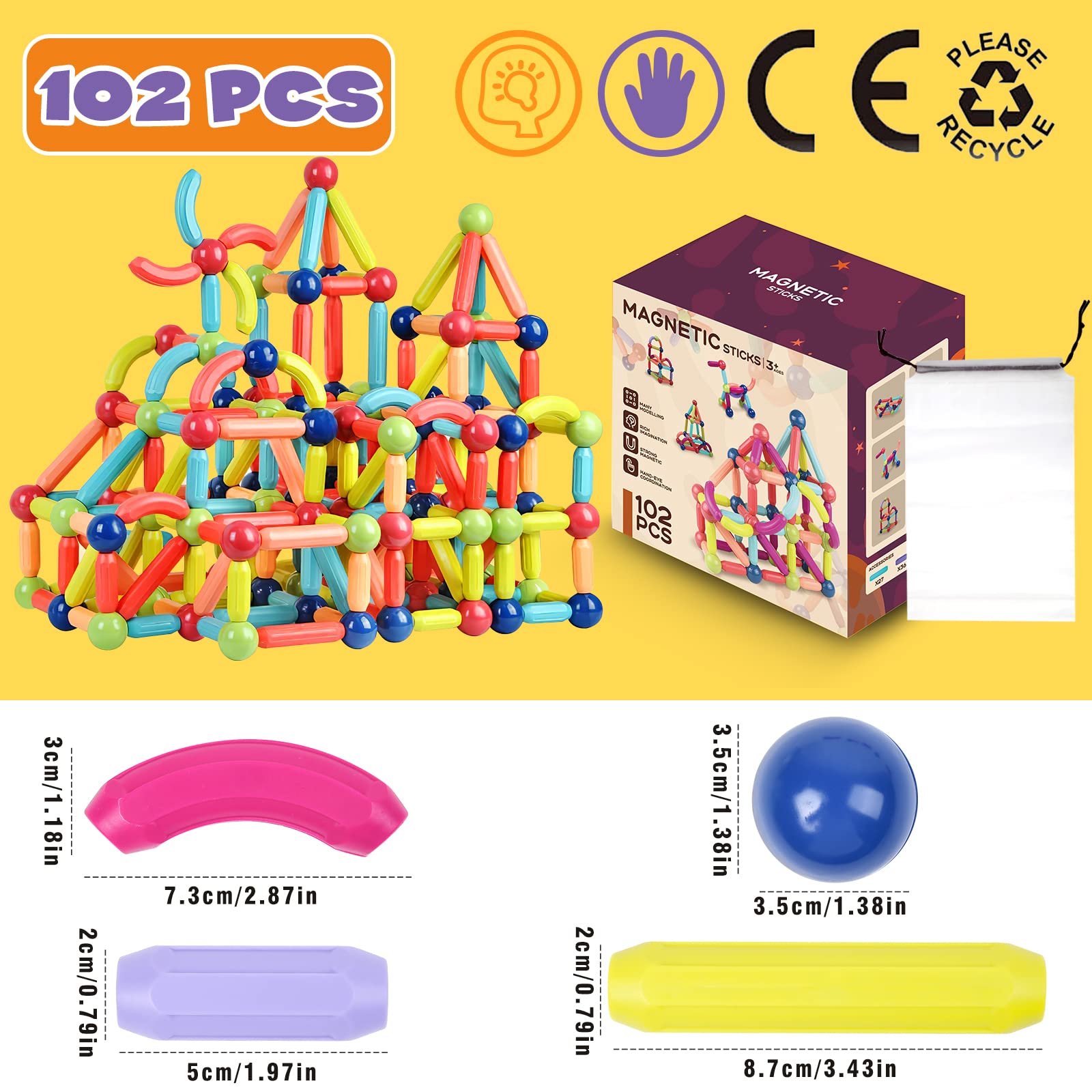 102 Pcs Building Blocks Toys, Magnetic Toys Building Sets, Magnets for Kids Toddlers Sensory Montessori Toys Age 3+, SETM Toy Preschool Learning Education Toy, Gifts for Girls Boys 3 4 5 6 Year Old