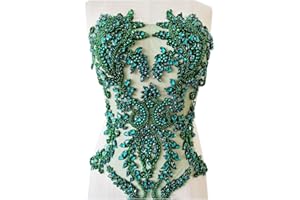 PLUNE Handmade Shiny Rhinestones Applique handsewing Beaded Sequins Crystal on lace Trim Patches for Prom Dress Clothing Decorative Accessories (Deepgreen)