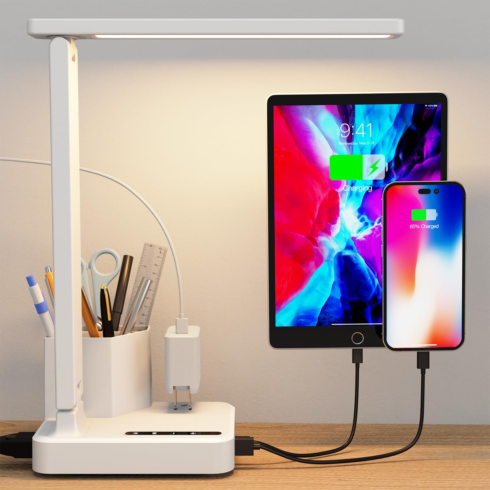 Photo 1 of COZOO LED Desk Lamp with 2 USB Charging Ports,Type C Port,1 AC Outlet,2 Pen Holders,3 Color Temperature 3 Brightness Level,Touch/Memory/Timer,10W Eye Protection Foldable Reading Light,Study Lamp-White