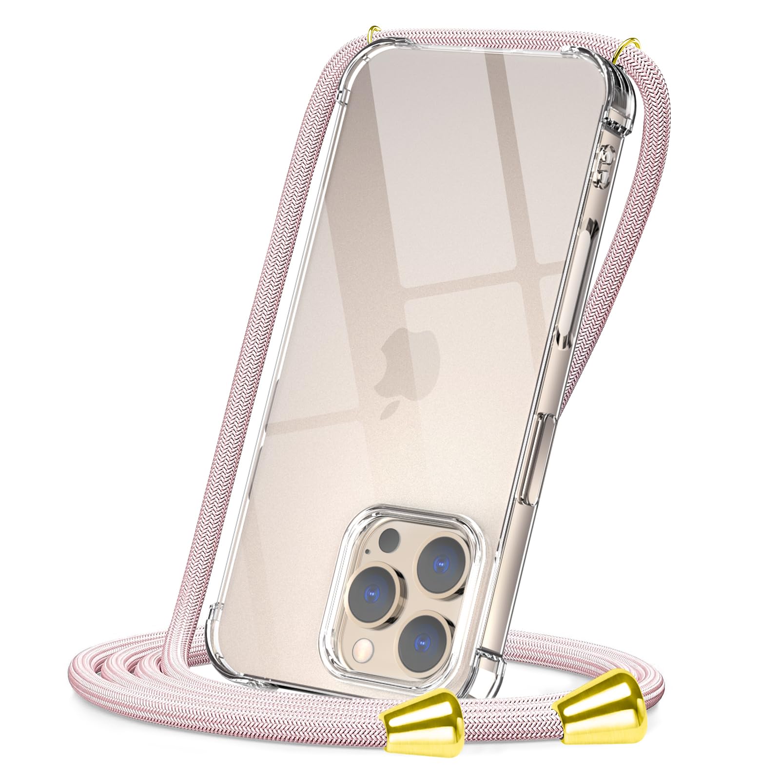 CAROKI Crossbody Case for iPhone iPhone 16 Pro,Necklace Mobile Phone Cover with Cord Strap Clear Transparent TPU Soft iPhone iPhone 16 Pro Cover Holder with Neck Cord Lanyard Strap-Rose Gold