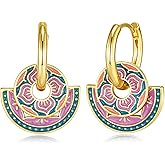Colorful Pink Teal Blue 18K gold plated Bold Flat Round Round Flat Disc Floral Enamel Hoop Statement Drop Earrings for Women by SNGIA, Geometric Irregular Chunky Dangle Handmade Formal Trendy Summer Jewelry Gifts, Circle Disc Coin Dome Beachy Vacation Fashion Hanging Earrings Accessories, Vintage Retro Thick Bohemian Nickle Free Circular Sun Dangle Earrings.