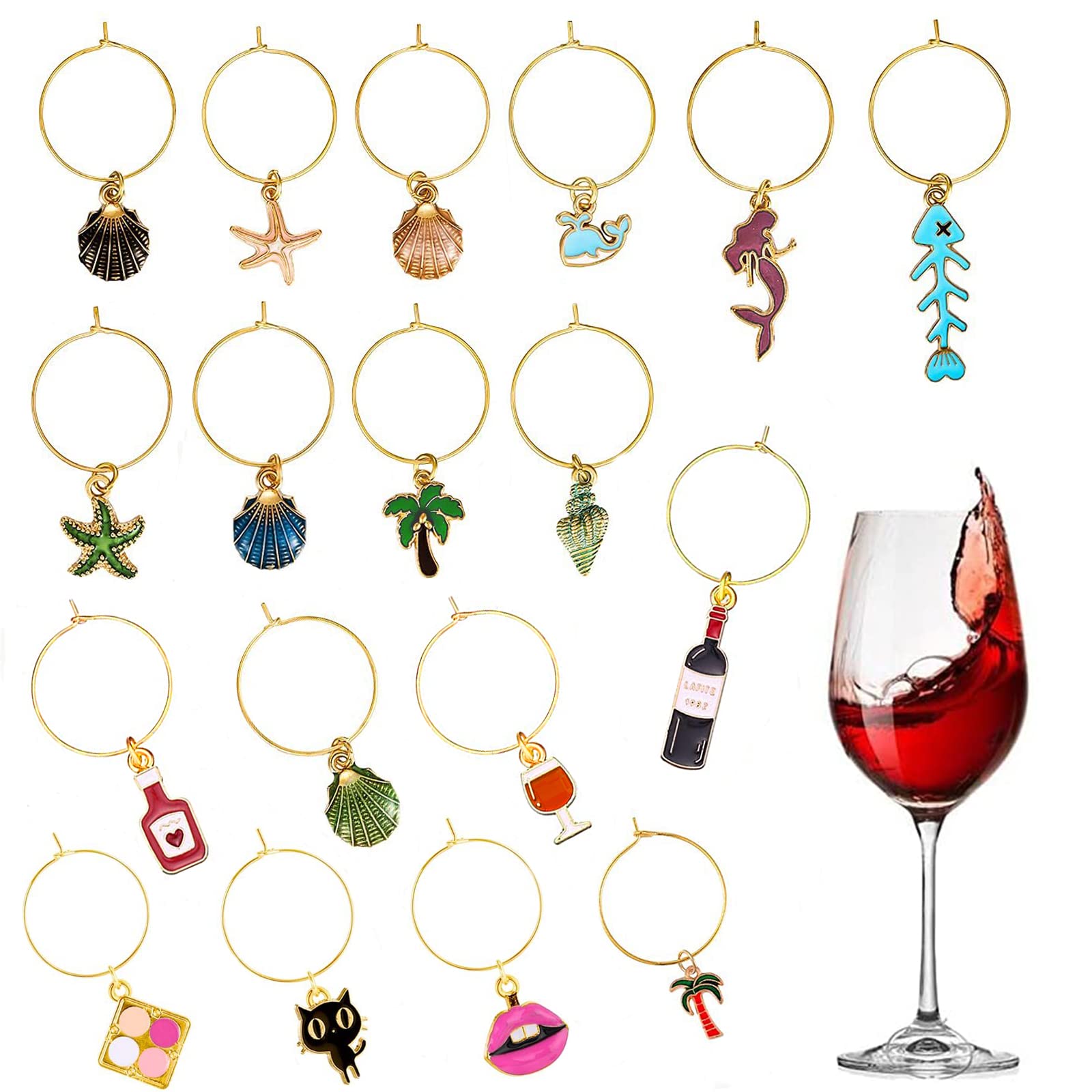 VICDUEKG Pack of 18 Wine Glass Charms Rings, Glass Markers with Glass Markers, Reusable Wine Glass Markers for Party and Wine