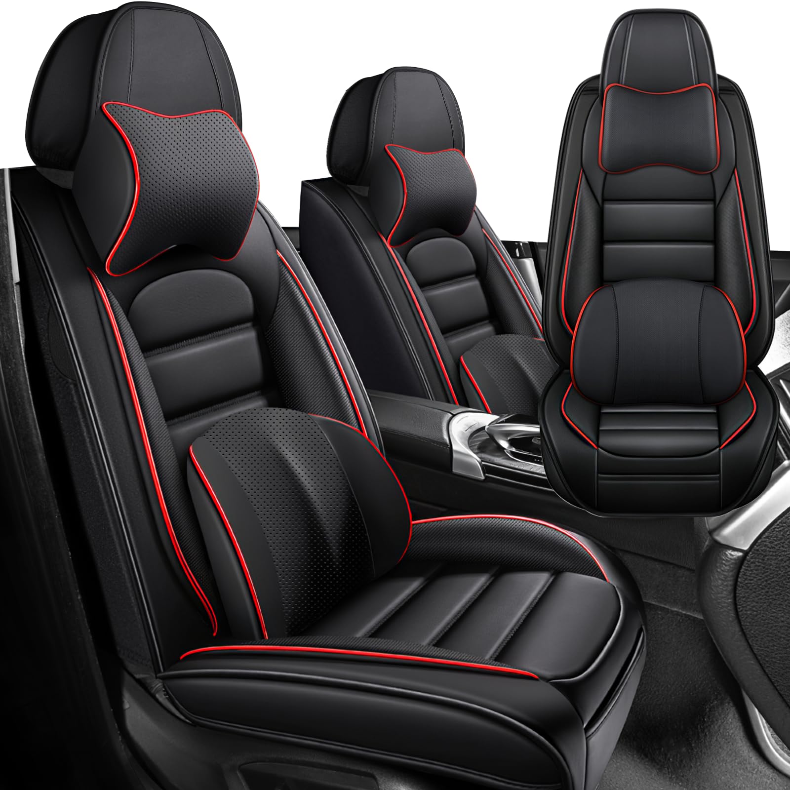 Photo 1 of Iceleather Luxury Car Seat Covers for Ford F-250 2011-2025,Waterproof Soft Breathable PU Leather Seat Cover with Storage Pockets(Black&Red,Front Set with Pillow)
