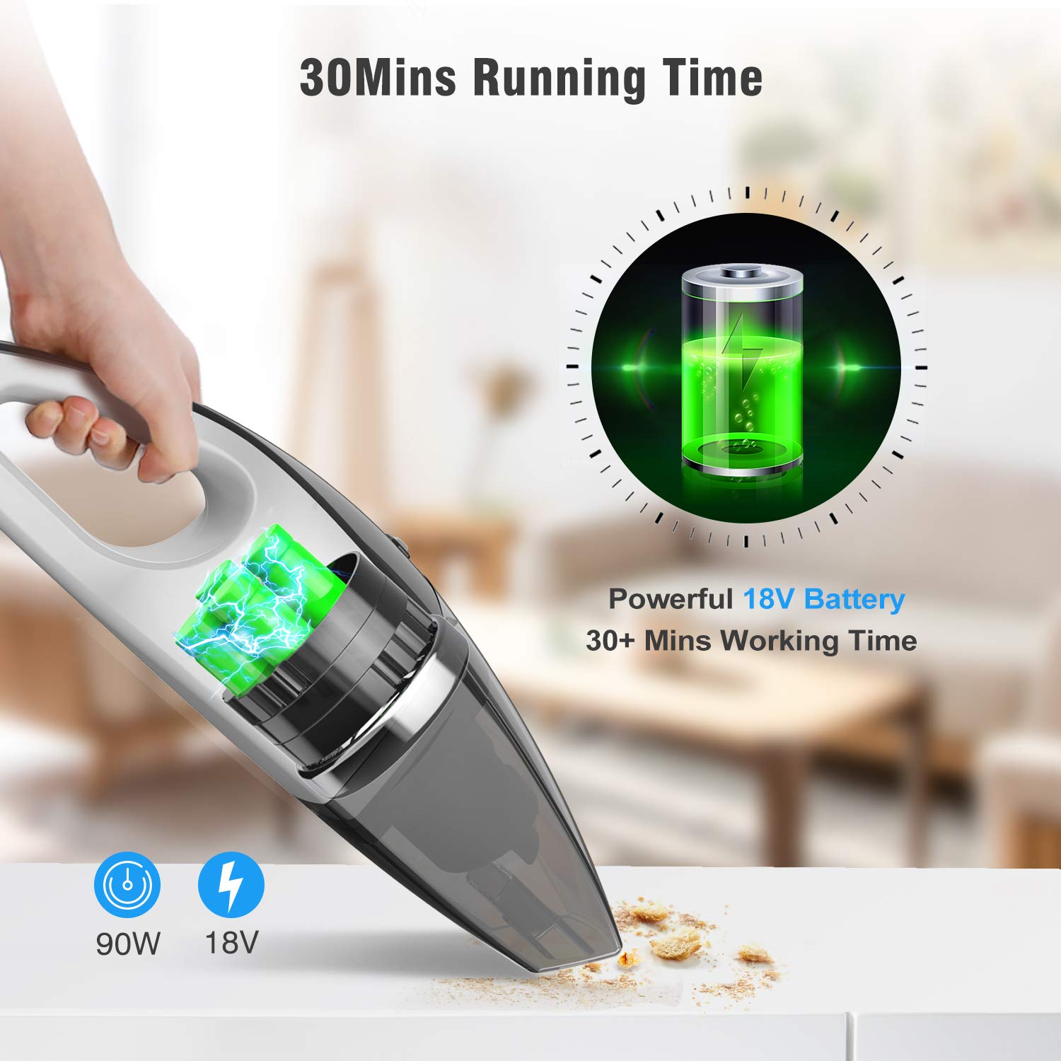 ZIGLINT Cordless Handheld Vacuum, 9 KPa Powerful Suction Portable Vacuum Cleaner Rechargeable Car Vacuum Built-in 2200mAh Lithium-ion Battery for Home and Car