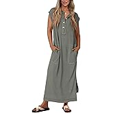KIRUNDO Womens Summer Dresses 2026 Spring Ribbed Knit Henley Short Sleeve Maxi Dress Button Up Loose Beach Vacation Sundress
