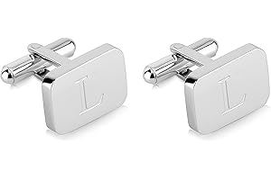 18K White-Gold Plated Initial Engraved Stainless Steel Men’s Cufflinks With Gift Box -Personalized Alphabet Letter’s A-Z By Lux & Pair