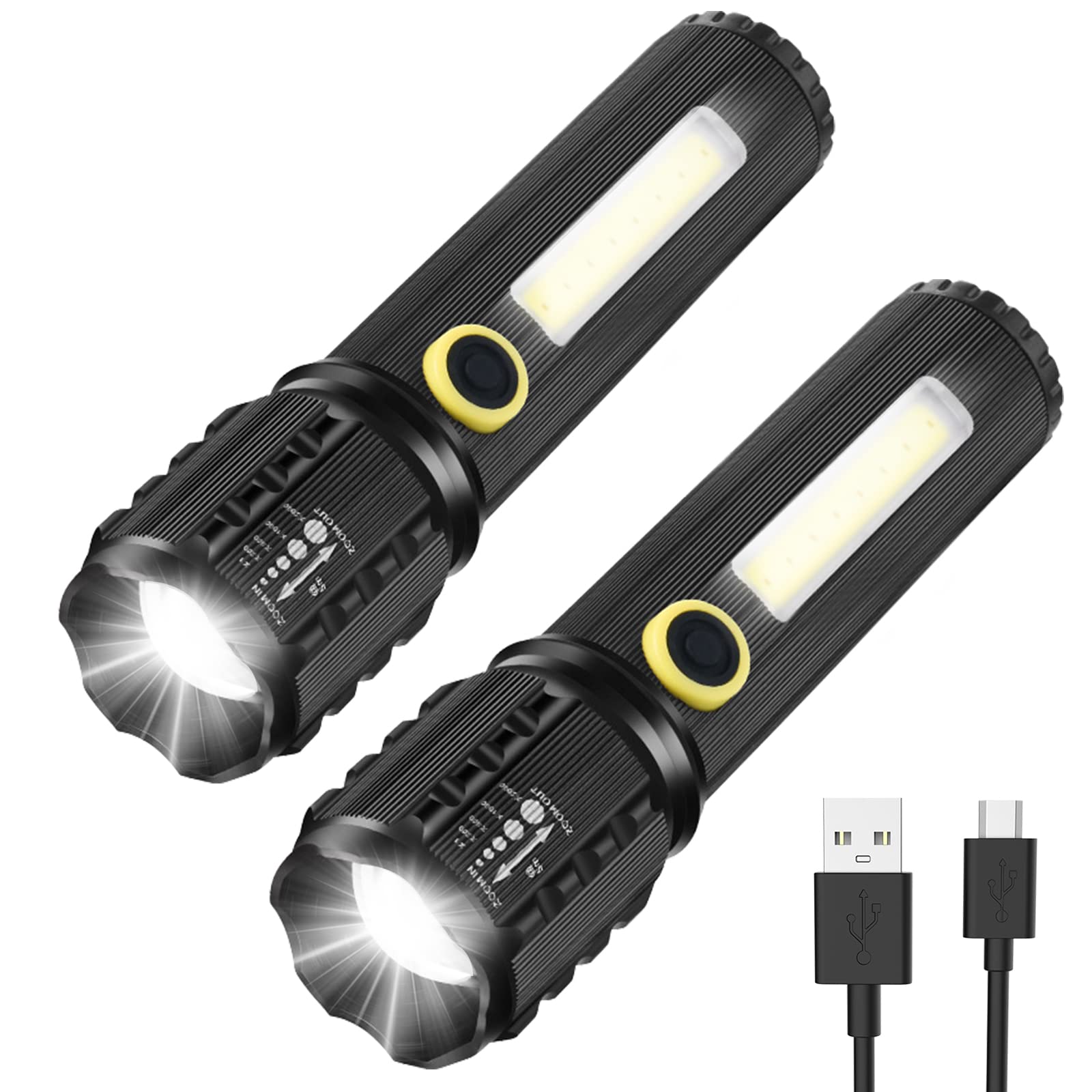 LED Torch Rechargeable, GeeRic 2PCS Professional Flashlight USB Super Bright Zoomable Mini Torch IP67 Waterproof 3 Modes Portable Flashlights for Camping, Hiking, Outdoor, Emergency Small