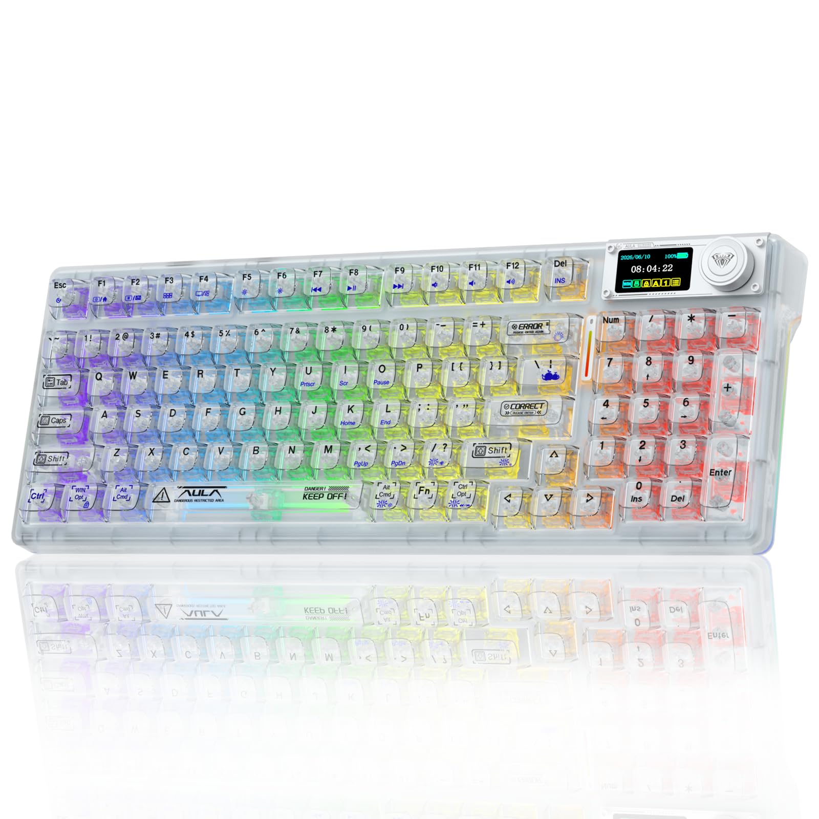 AULA F98 Pro Wireless Mechanical Keyboard with Transparent Keycaps,Hot-swappable,Pre-lubed Linear Switches,Gasket Structure,RGB Backlit,OLED Screen,BT5.0/2.4G/USB-C Wired Computer Keyboard