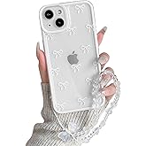 NITITOP Compatible with iPhone 14 Case Cute Clear Durable Ribbon Bow Knot Pattern for Girls Women Bowknot with Chain Wrist Strap Soft TPU Transparent Shockproof Protective Phone Cover - White