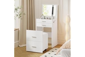 Airynee 3 in 1 Vanity Desk, Compact Vanity with 3 Drawers, Makeup Desk with Flip-up 3 Colors Lighting Mirror and Cushioned Stool, Small Vanities Nightstand Perfect for Bedroom, White