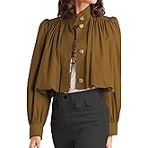 Agoeast Womens Cropped Pleated Jacket Puff Long Sleeve Button Down Trench Coat Casual Outwear with Pockets