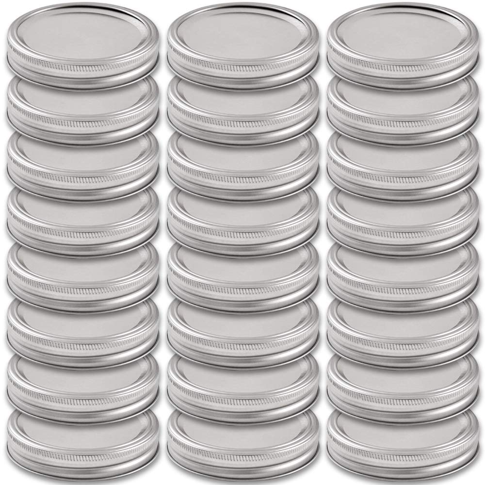 Newk 24 Sets Wide Mouth Mason and Bands, Reuseable Metal Mason Jar Canning with Silicone Gasket Lids Fits Ball, Kerr & More Jars(24 Lids&24 Bands, 86mm/ 3.38",Silver)