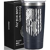 Onebttl Hunting Gifts for Men, Father's Day Gifts for Hunter Dad, Grandpa, 20oz Stainless Steel Tumbler, Spill-Proof Lid & Straw Included, Black - Laser Engraved Flag & Deer