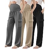 Sweetyweee 3 Pack Women's Maternity Cargo Pants with 4 Pockets, Over The Belly Side Ruched Drawstring Pregnancy Sweatpants