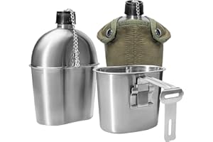 Afranti Stainless Steel Military Canteen 1QT Portable Army Water Bottle with 0.5QT Cup & Sleeves for Hiking Camping Climbing and Most Outdoor Activities
