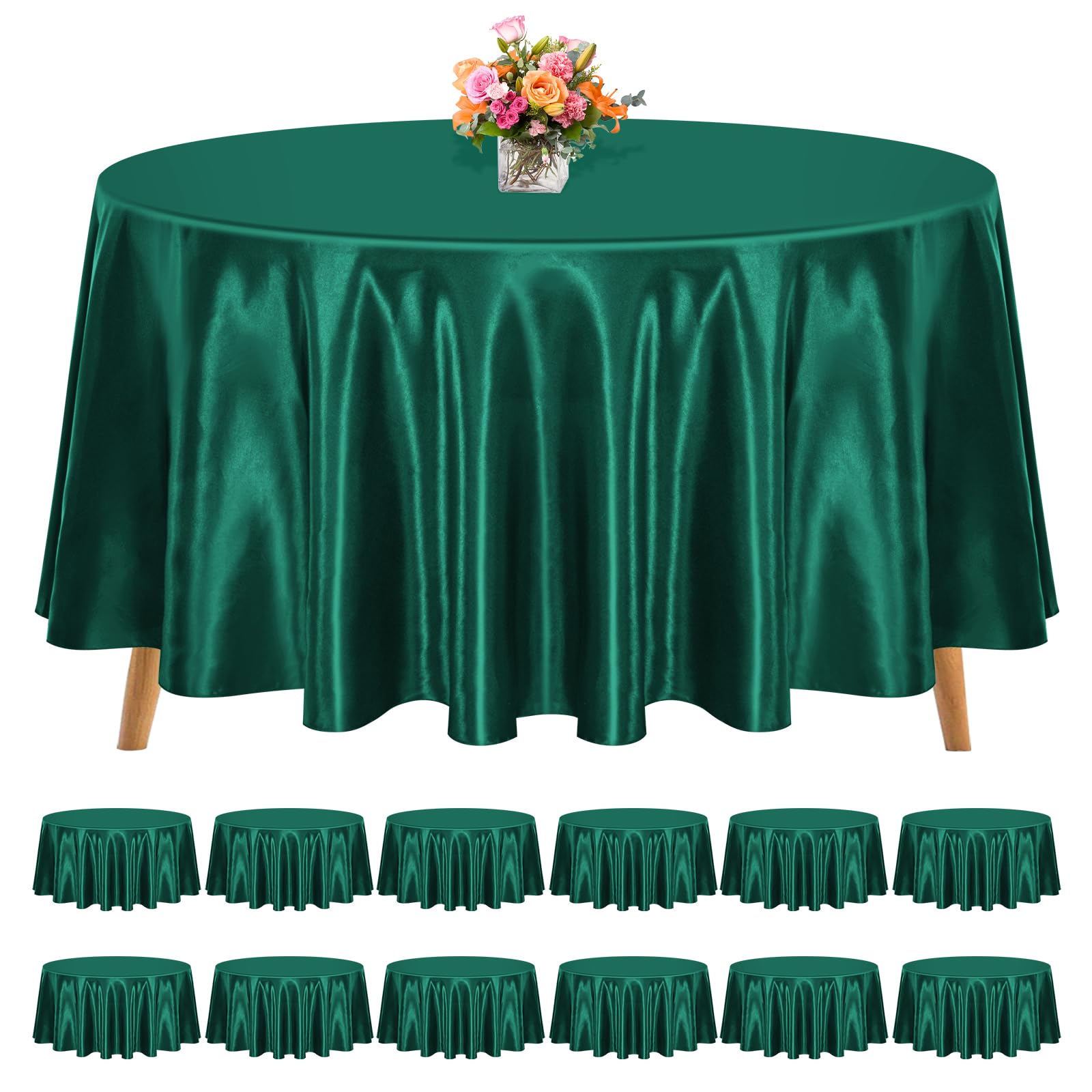 Photo 1 of 12 Pack 120 Inch Round Tablecloth, Hunter Green Satin Fabric Table Cloth for Round Tables, Wrinkle Resistant Washable TableCover Bright Silk TableClothes for Wedding Party Dining Tables Banquet