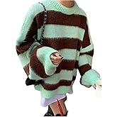 MakeMeChic Women's Fall Striped Color Block Sweater Long Sleeve Crew Neck Knitted Pullover Top