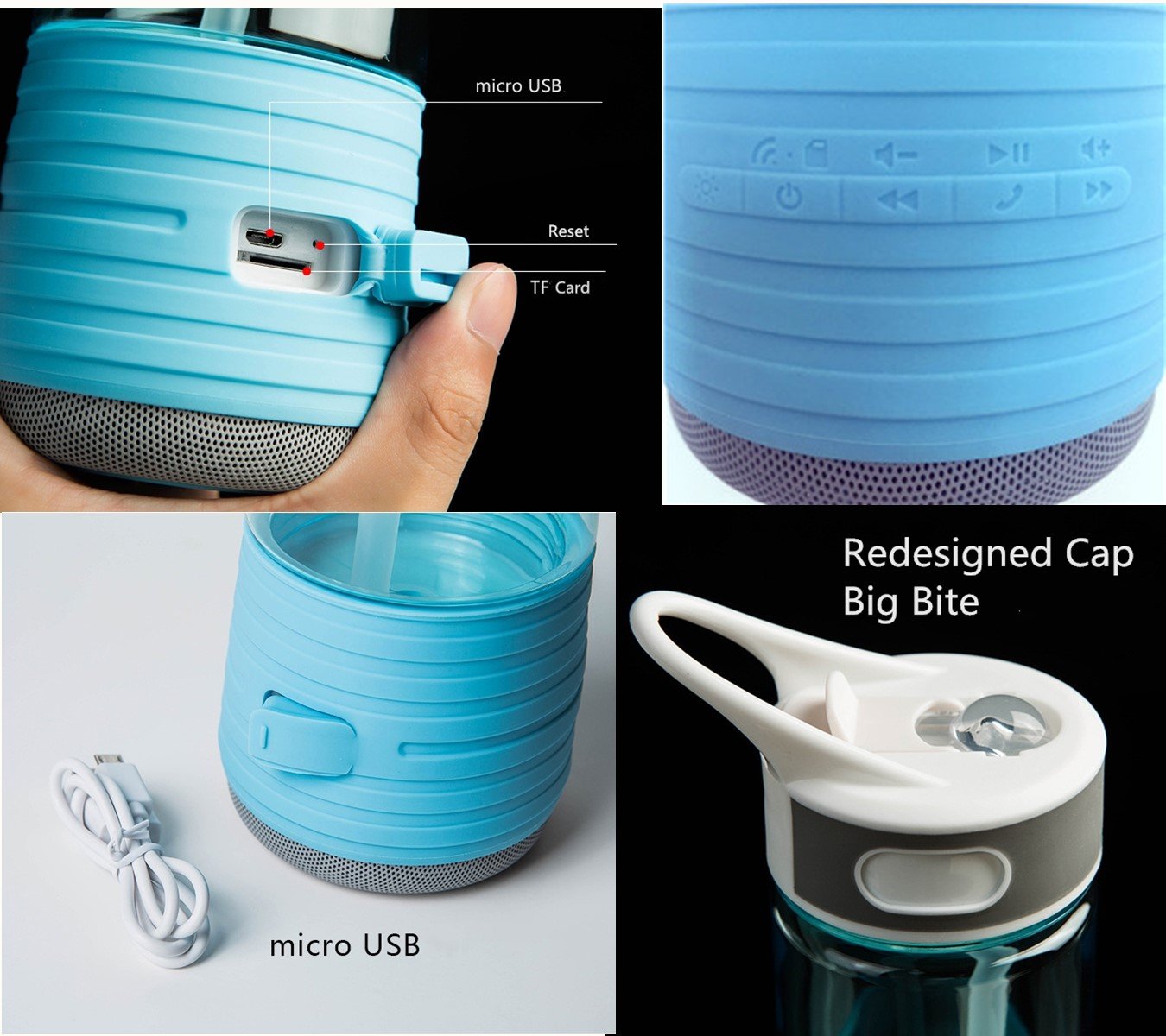 Travel Water Bottle with Speakers Bluetooth & Straw Outdoor & Safety Light for Hiking | BPA Free Water Bottle Wireless IPX7 Waterproof Rechargeable Stereo Mini Speaker By cAoku