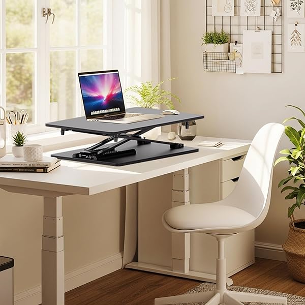 PBUGAC STANDING DESK CONVERTER ADJUSTABLE HEIGHT, 25.16″ × 15.75″ HEIGHT ADJUSTABLE DESKTOP RISER, NO ASSEMBLY REQUIRED, DESKTOP WORKSTATION FOR LAPTOP, MONITOR AND OFFICE USE (BLACK)
