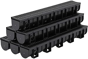 6-Pack 39.4" l Channel Drain System with Plastic Grate, 5.9" w x 5.1" hHeavy-Duty HDPE Trench Drain for Driveway, Landscape, 