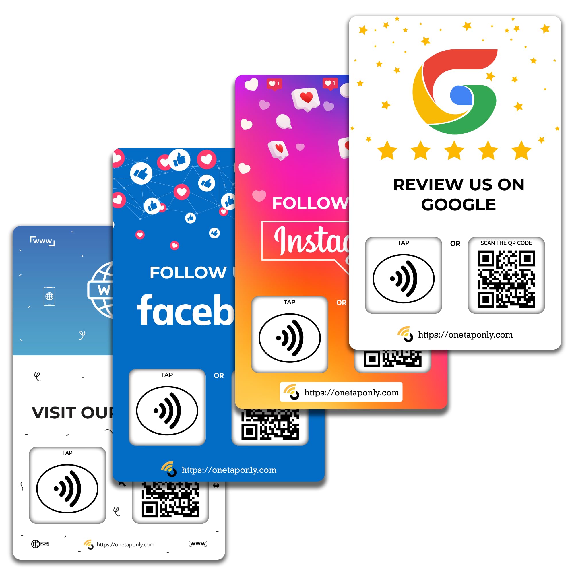 One Tap Only NFC Business Review Cards (4-Pack) – Compatible with Google Reviews – Reusable Smart Tap & QR – Works with All Phones – Contactless Customer Feedback Tool