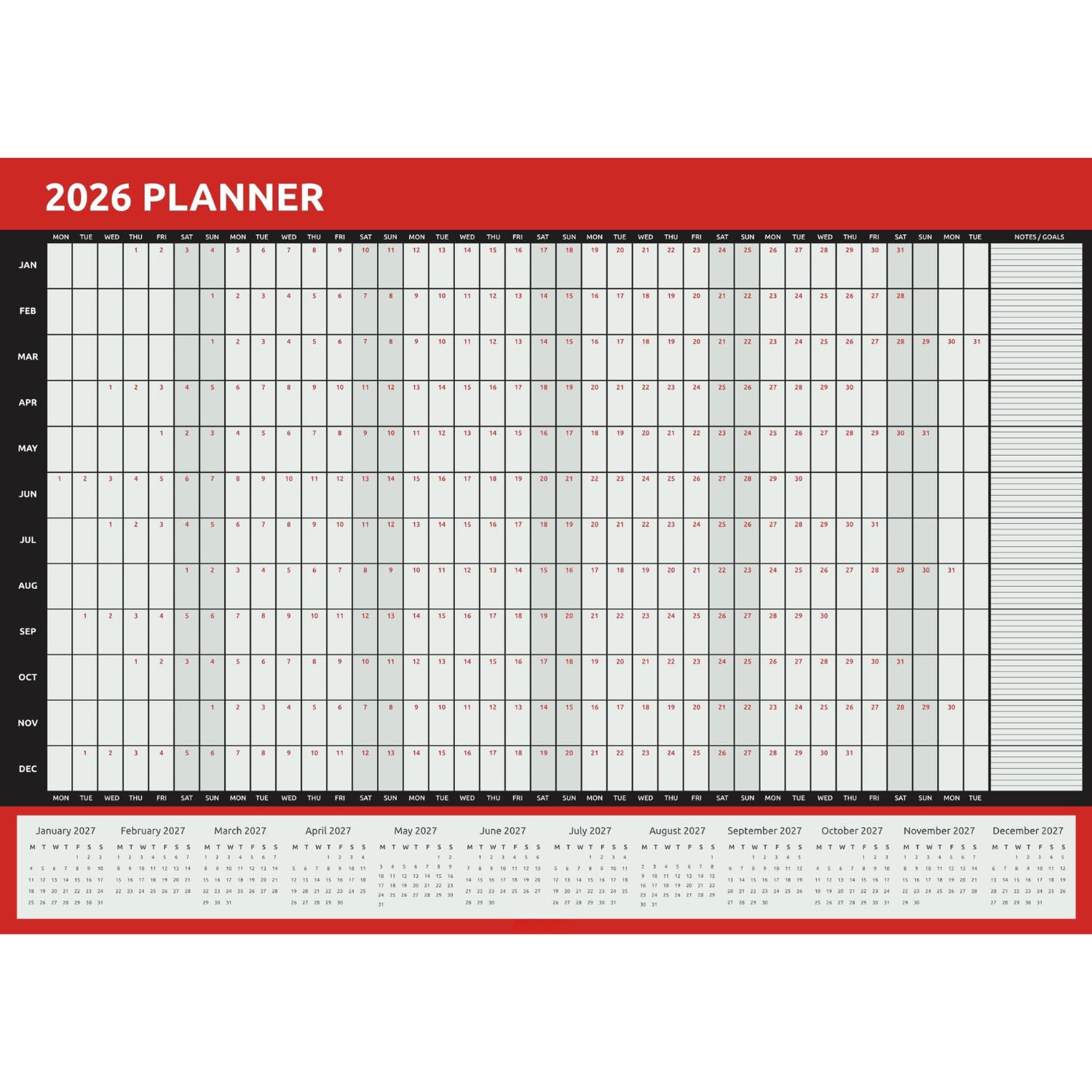 Evelay 2026 Wall Planner A3 Size (42 X 29.7cm) Full Year to View Calendar Home Office School Organiser (Red) - Made in UK