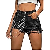 Verdusa Women's Punk Ripped Jean Shorts Summer Jorts Skinny Denim Shorts with Chain