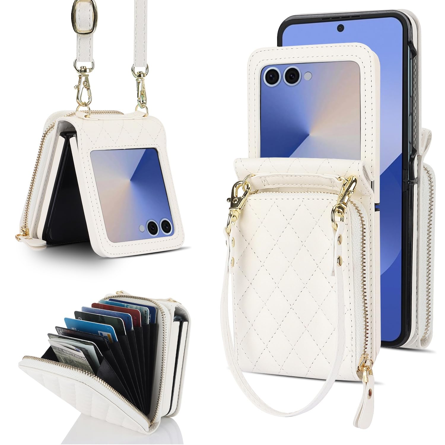Konstreet for Samsung Galaxy Z Flip 7 Case with Card Holder with 8-Card Slots Wallet Case with Detachable Strap Crossbody Lanyard Soft PU Leather for Women- White
