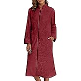 Ekouaer Women Zipper Robes Long Sleeve Zip Up House Coat Full Length Warm Flannel Bathrobe Sleepwear with Pockets, Wine Red, XX-Large