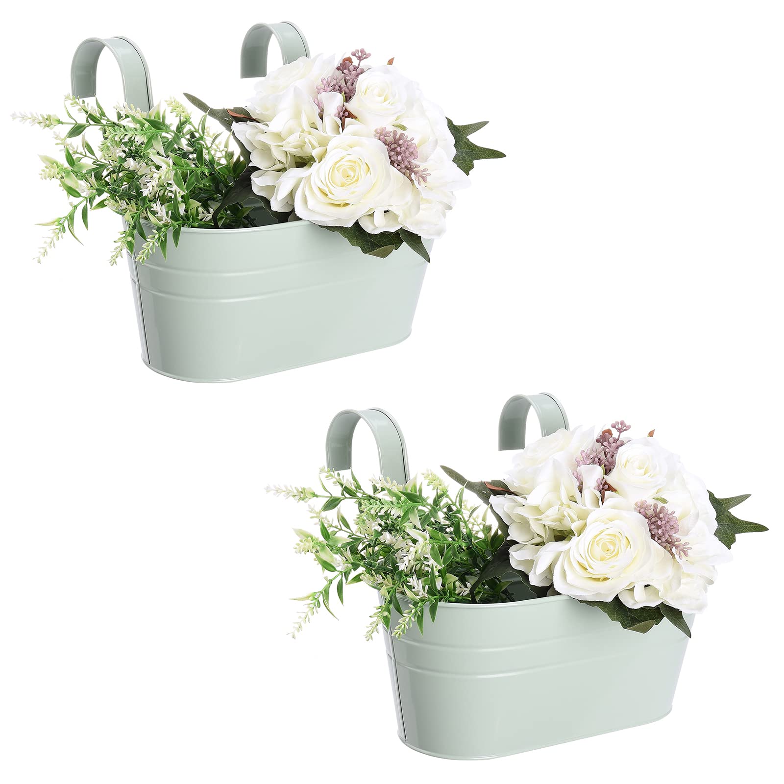 Pumpumly 2Pcs Metal Hanging Flower Pots - Railing Planter Balcony Planters for Railing,Over Fence Planters with Double Detachable Hooks Wall Hanging Planter for Garden Home Decoration