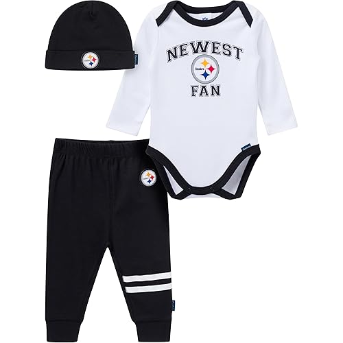 Gerber NFL Team Baby Boys' 3-Piece Onesie Bodysuit, Active Pant and Cap Set, Steelers, 0-3 Months