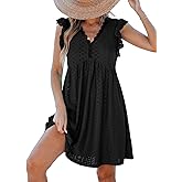 CUPSHE Beach Dress V Neck Cap Flutter Sleeve Lace Hollow Out Pleated Summer Mini Cover Up Dress