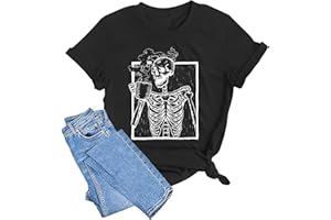 MEESHEEP Womens Halloween Shirt Funny Halloween Skeleton Pumpkin Graphic Tee Shirts Tops Halloween Party Outfits