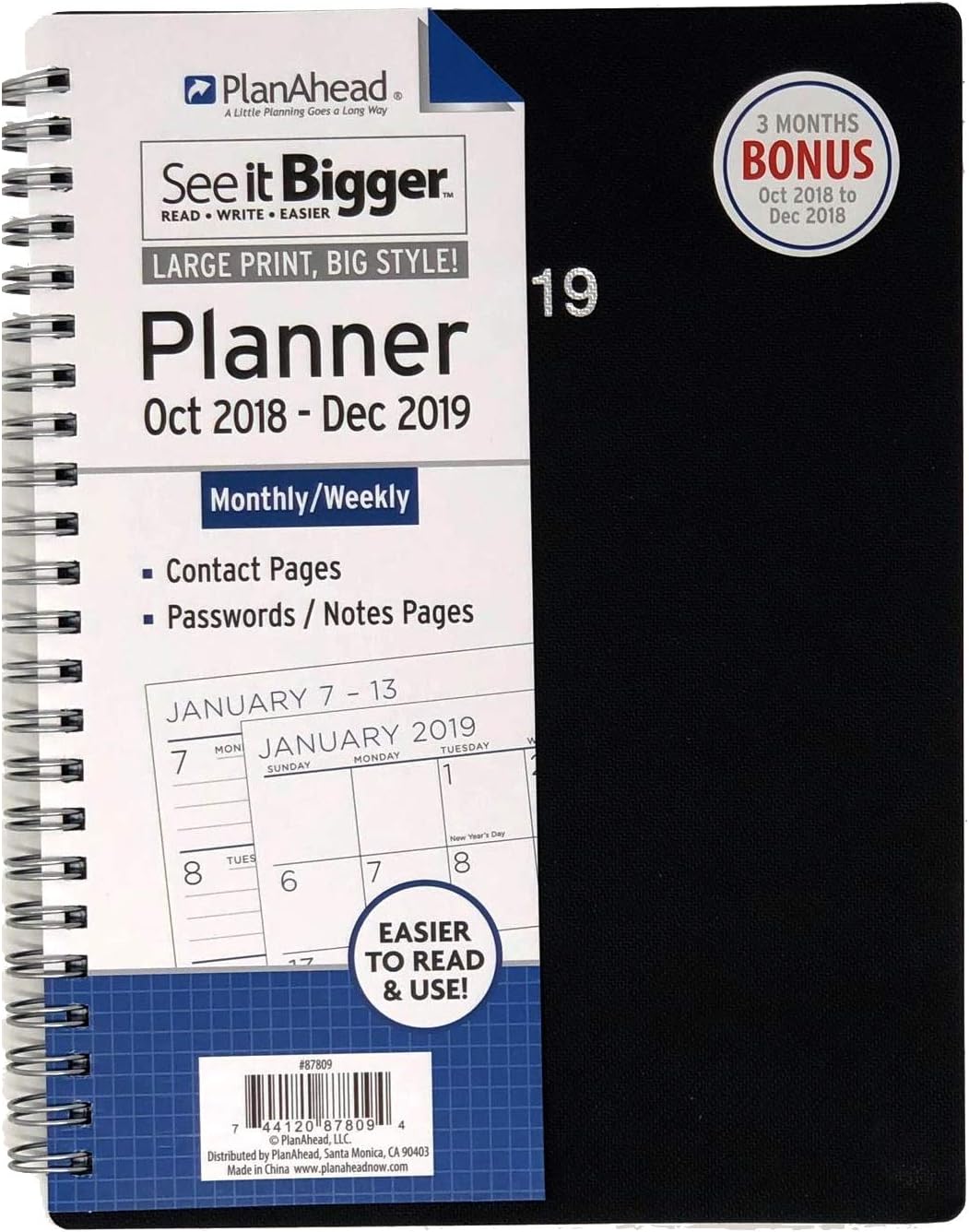 See It Bigger Medium Classic Monthly Weekly Planner October 2018 - December 2019 (Black)