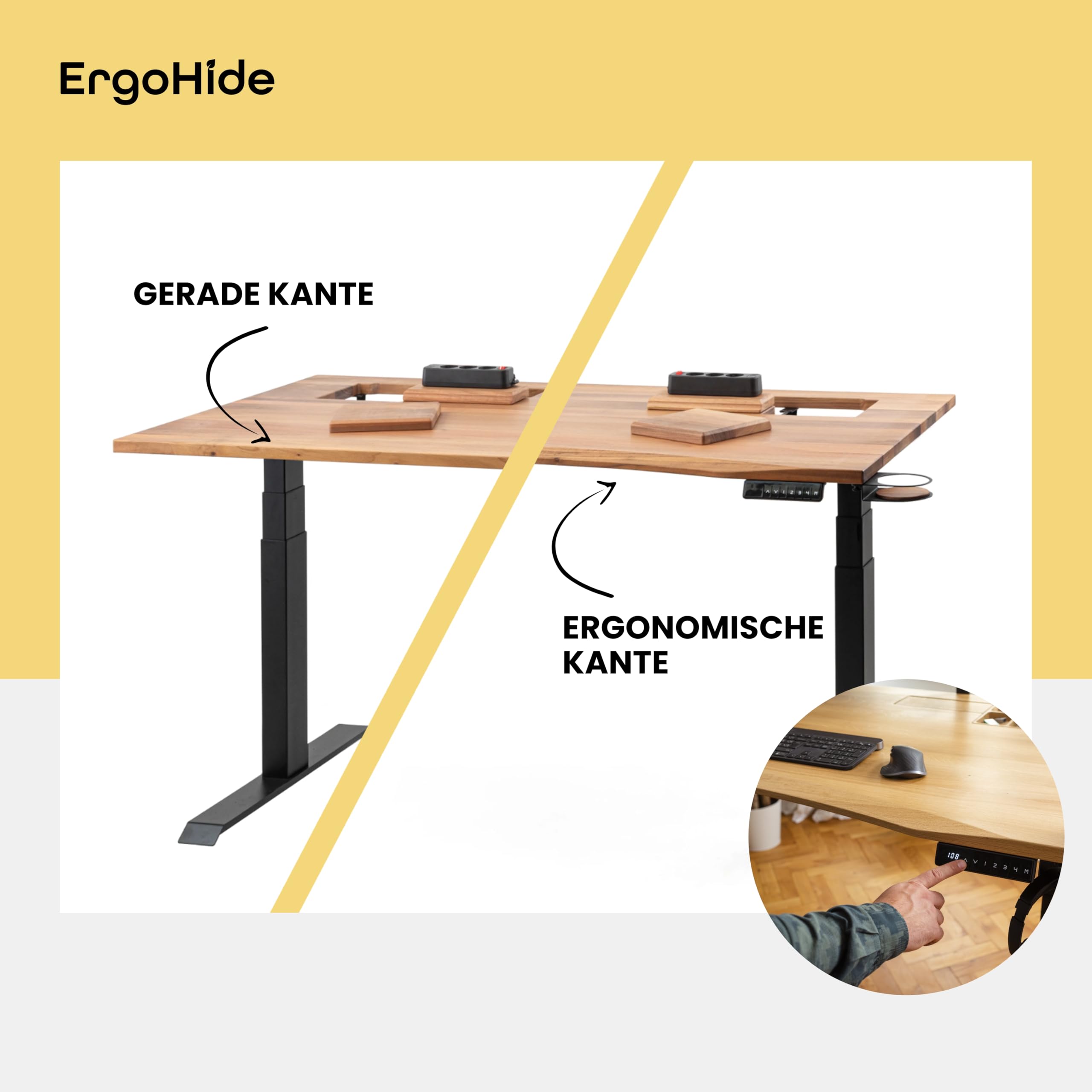 ErgoHide® Höhenverstellbarer Schreibtisch aus Massivholz mit erweitertem Kabelmanagement/Kabelkanal (Eiche, Schwarz, Ergonomisch, 150x80cm) 9