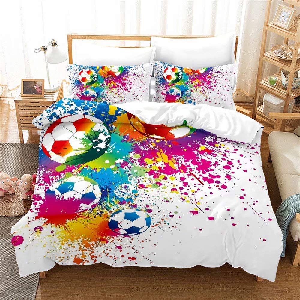 MUSOLEI Football Duvet Covers Set Boys Double Bedding Sets Sport for Kids/Children/Girls Multi-Colored Graffiti Quilt Cover Matching Quit Cover 200X200cm+ 2 Pillowcase 50X75cm Soft Microfiber