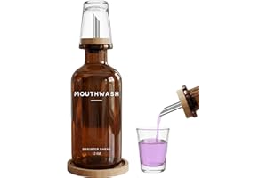 Amber Glass Mouthwash Dispenser for Bathroom by Brighter Barns - Refillable Mouthwash Container and Glass Cup - Modern Mouth 