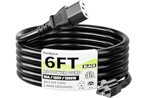 Vockjour 3 Prong AC Power Cord Cable 6ft 10 Amps 125 Volts 18AWG, NEMA 5-15P to C13, Black PC Power Cable for TV, Computer, Monitor, Printer, PlayStation, HP, Dell, Lenovo, Apple, Asus-ETL Listed