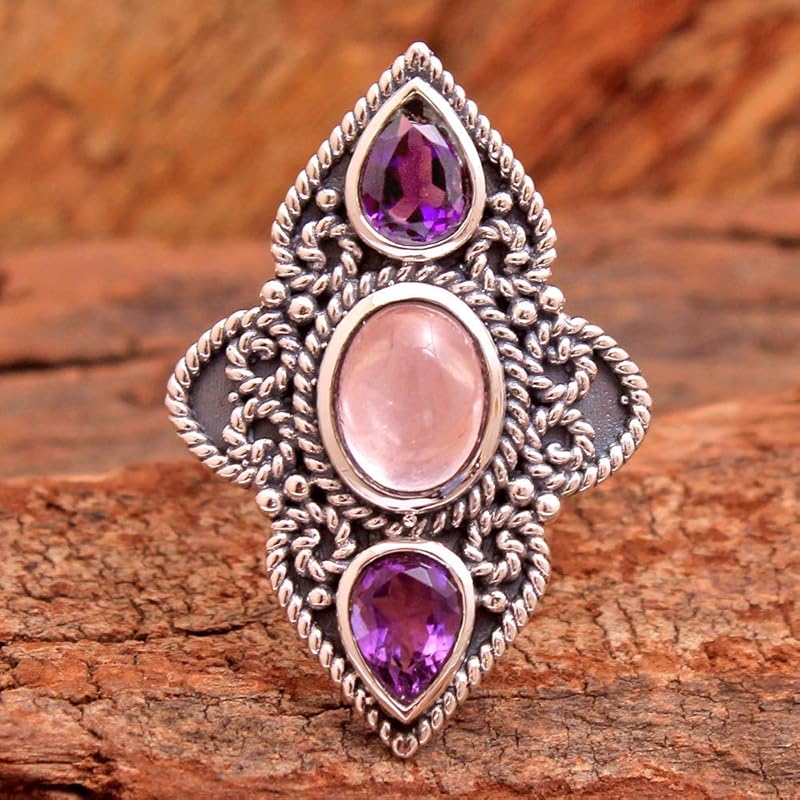 Adorable Rose Quartz, Amethyst Gemstone Designer Ring 925