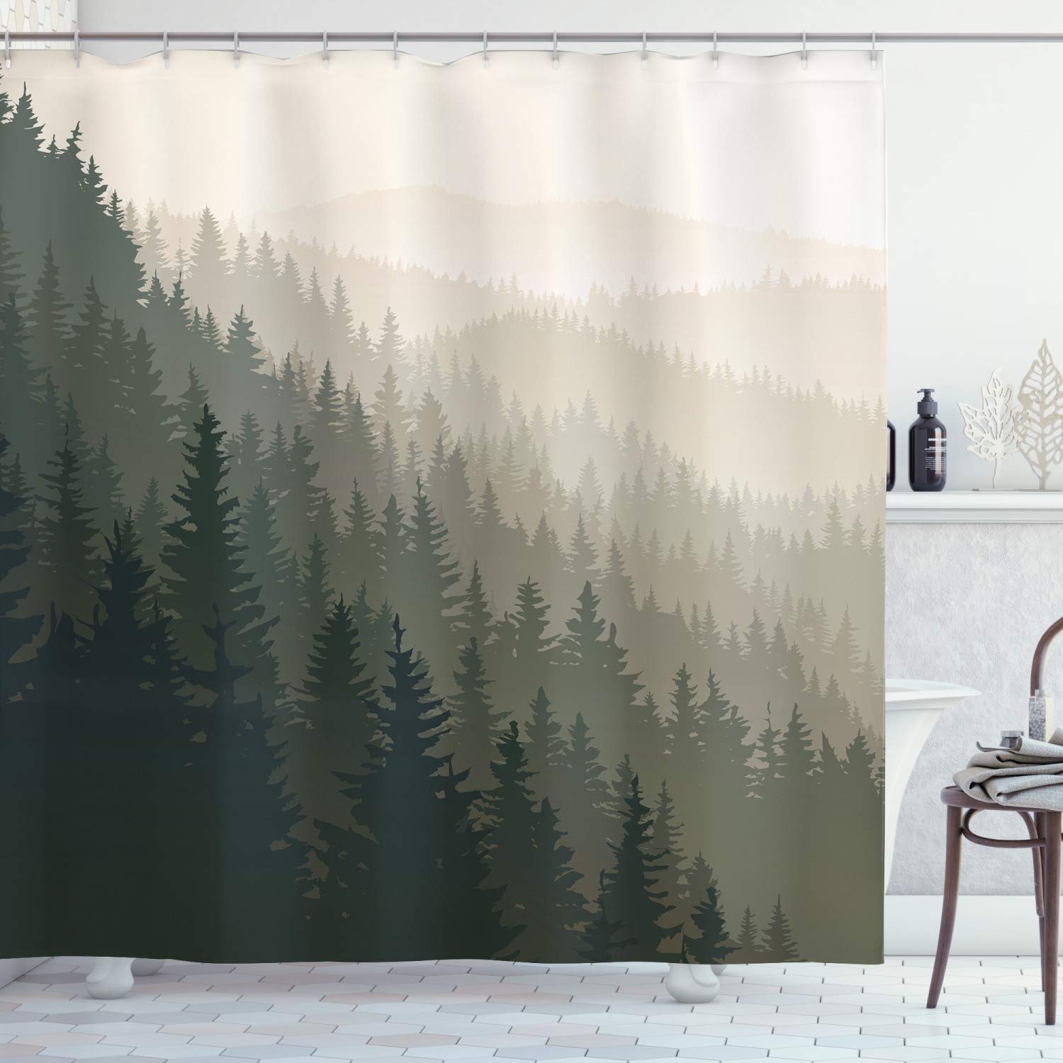 ABAKUHAUS Forest Shower Curtain, Northern Parts of the World Coniferous Trees Scandinavian Woodland, Cloth Fabric Bathroom Decor Set with Hooks, 78 Inches, Cream Tan Dark Green
