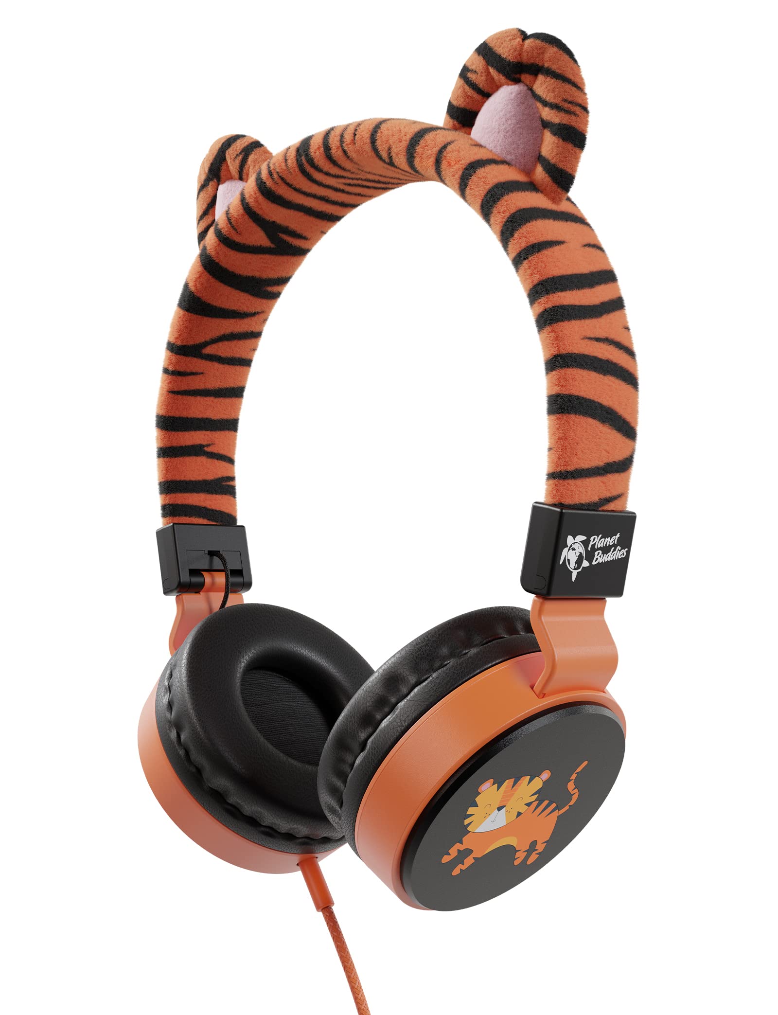 Planet Buddies Kids Headphones, Foldable Wired On Ear Headphones for Kids with Microphone, 85dB Volume Limiter, Cute Tiger Kids Earphones for Tablets and Phones, 100% Recycled Plastics