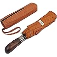 Balios Travel Folding Umbrella with Real Wood Handle Auto Open Close Vented Windproof Canopy - Designed in UK