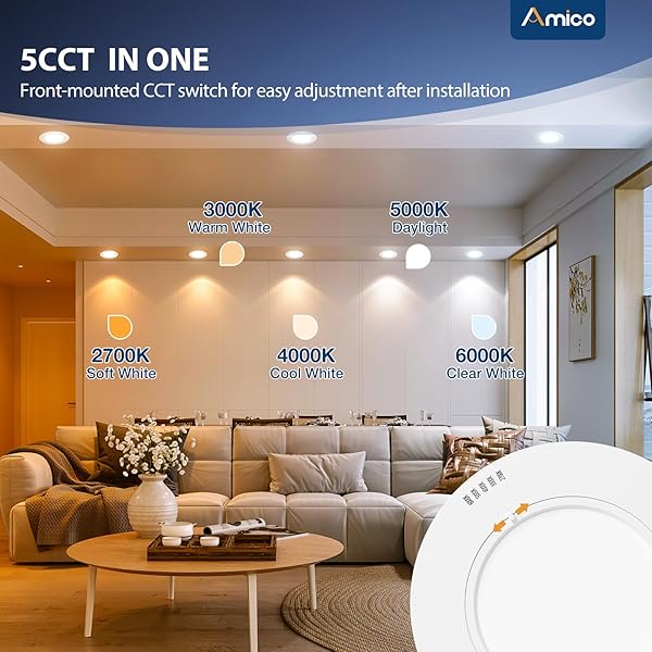 AMICO 5/6 INCH 5CCT LED RECESSED LIGHTING 6 PACK, 12W=100W, 950LM ADJUSTABLE CAN LIGHTS, 2700K/3000K/4000K/5000K/6000K SELECTABLE, DIMMABLE, IC & DAMP RATED, RETROFIT INSTALLATION – ETL & FCC