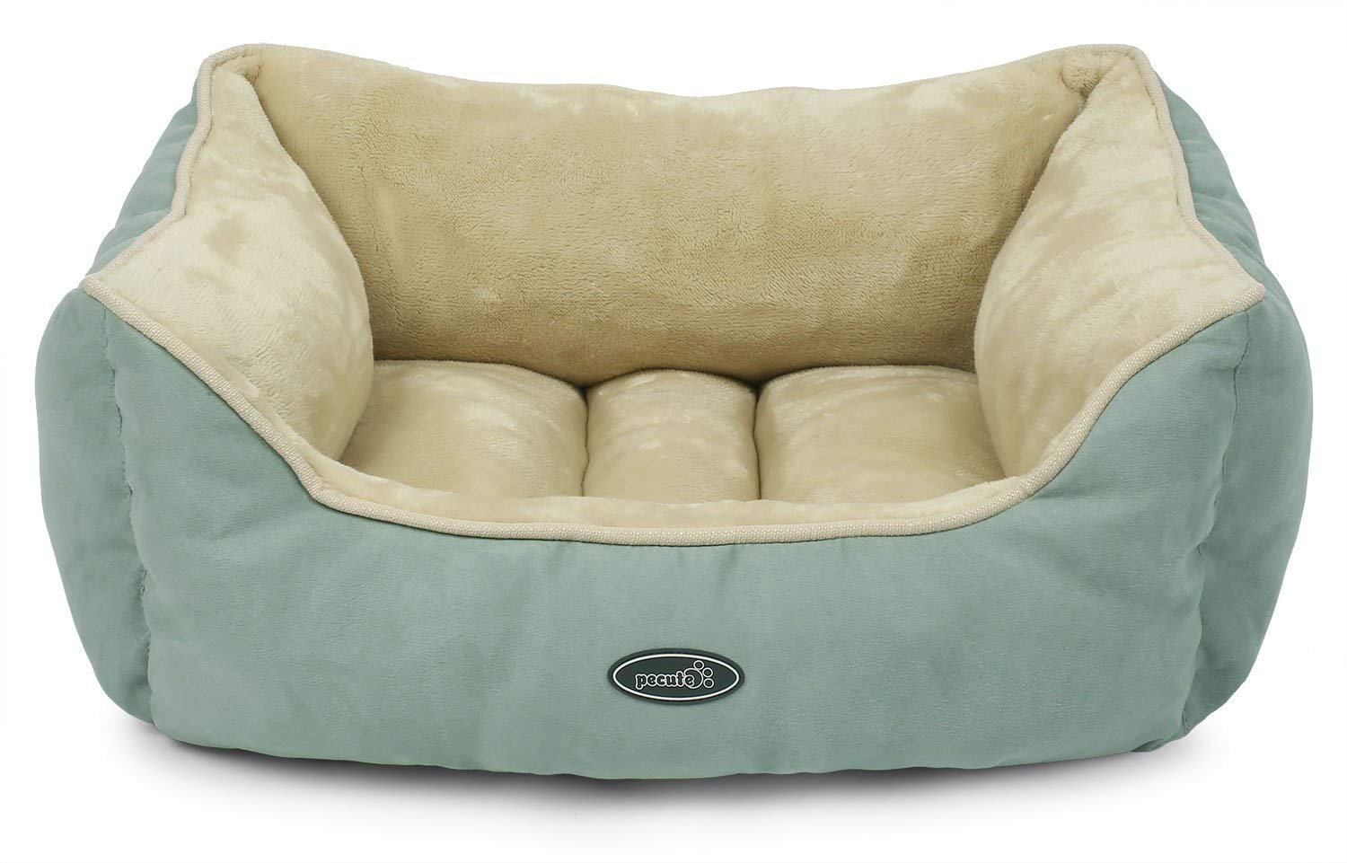 Dog Bed Cat Pet Bed Machine Washable Luxury Soft PP Cotton-Filled Coral Fleece Bed for Small Medium Large Pet Green and Beige