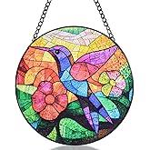 ROSDMDE Hummingbird Hanging Stained Glass for Windows 7.8in Hand-Painted Suncatcher Colorful Glass Panel Sun Catchers Decor for Birthday for Women Men Wife Aunt and Mom