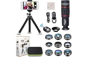 PHORSEN 15 in 1 Universal Phone Camera Lens Kit 18X Telephoto lens Wide Angle lens,Macro Lens, Fisheye lens,Kaleidoscope 3/6 lens, CPL/Flow/Star/Radial Filter, Tripod, Remote Shutter for most of Smartphone
