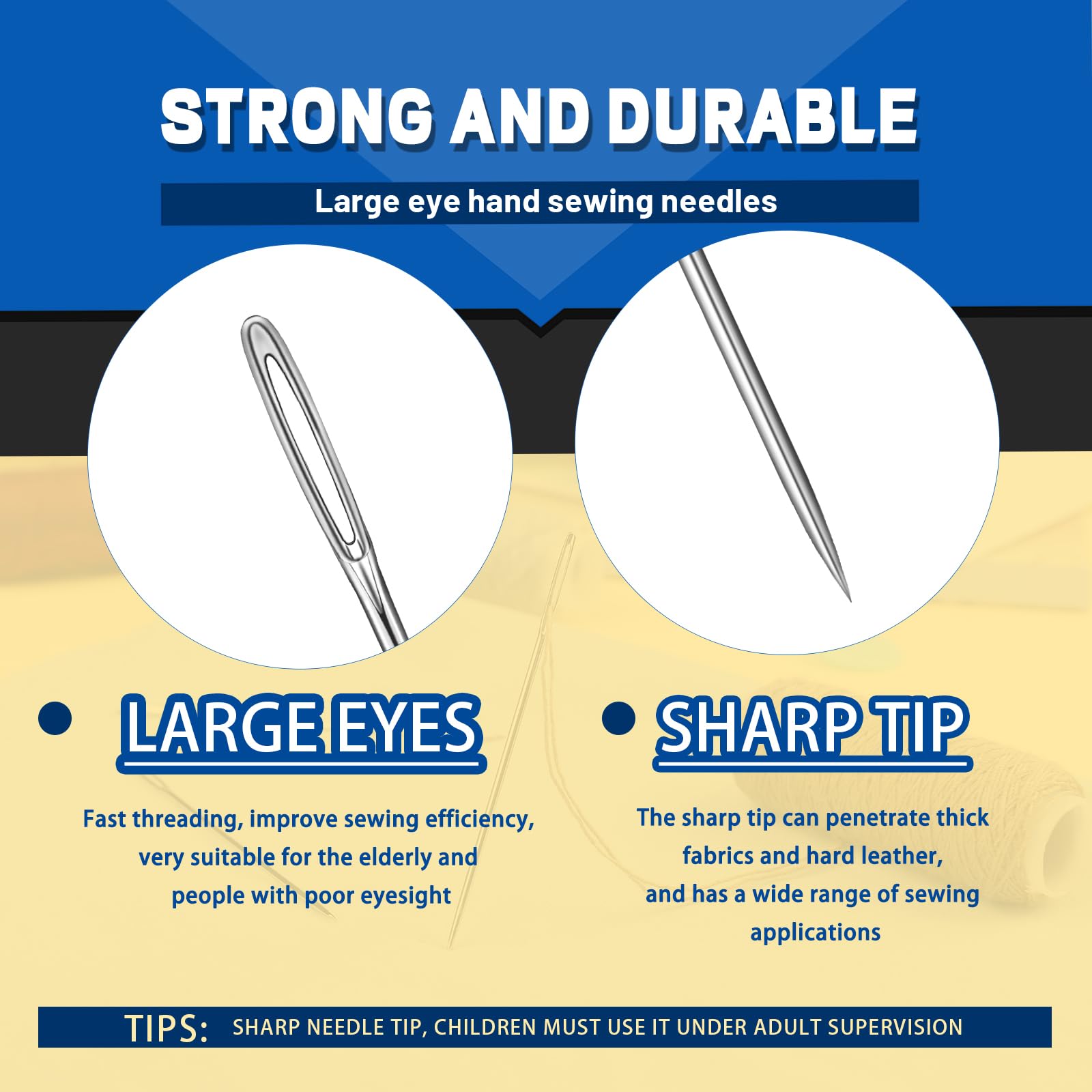 35 Pcs Large Eye Sewing Needles, 7 Size Sewing Sharp Needles for Handsewing, Leather Embroidery Thread Needle, Stainless Steel Yarn Knitting Needle with Threader, Thimble for Crafts, Repair, Quilting