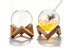 2 Packs Cocktail Globes 16oz Stemless Ball Martini Glasses with Straw and Wood Rack Wine Drinks Cups Ice Cream Dessert Bowls 