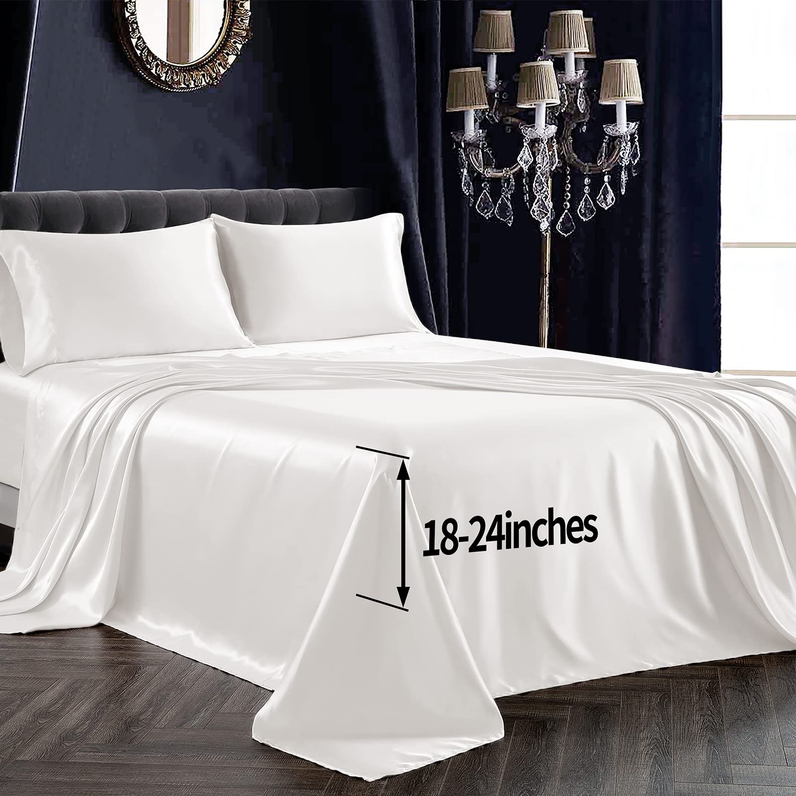 Photo 1 of SiinvdaBZX 4Pcs Satin Sheet Extra Deep Pocket King Size, Ultra Silky Soft Ivory White Satin King Bed Sheets Deep Fitted Sheet Set Fits 18-24 Inch Deep Pocket Mattress