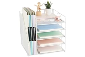 AUPSEN Office Desk Organizer, 5-Tier Paper Letter Tray with File Holder Multifunction Office Supplies and Accessories for Office School Home (White)